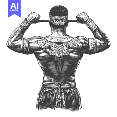 Premium design asset: Muscular Man with Tribal Tattoos and Jewelry Viewed from Behind
