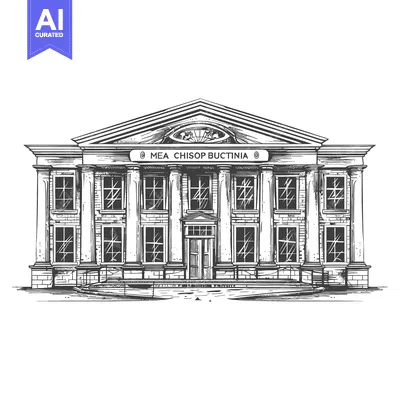 Aset desain premium: Detailed black and white illustration depicts a classical style buildi