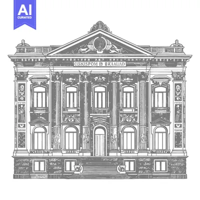 Aset premium populer: A detailed monochrome illustration depicts a classical architectural b