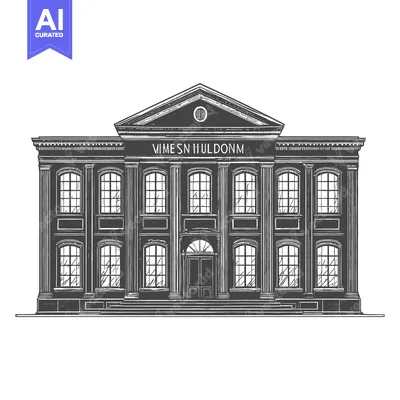 Aset desain premium: A detailed illustration depicting a classical building with numerous w
