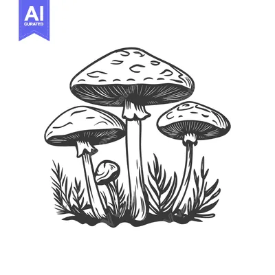 Aset premium populer: A detailed illustration of several stylized mushrooms in monochrome