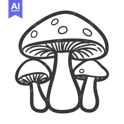 Aset premium populer: Three stylized mushrooms are illustrated using bold black outlines on