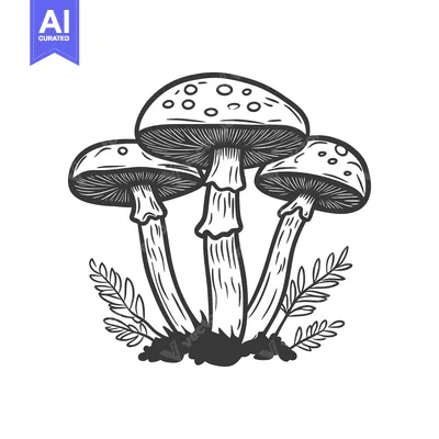 Premium design asset: Three distinct mushrooms growing with some surrounding foliage illustr