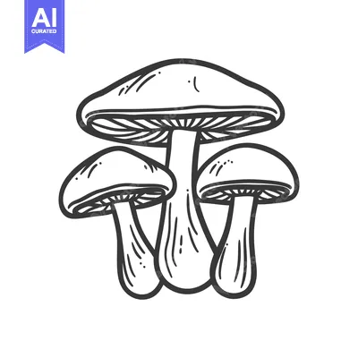 Aset premium populer: A black and white illustration of clustered mushrooms is presented