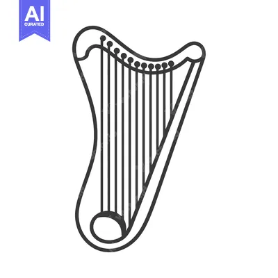 Premium design asset: A black and white illustration of a musical stringed harp