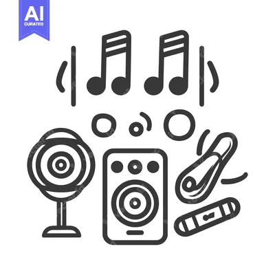 Premium design asset: Musical notes and audio equipment displayed in a black and white style