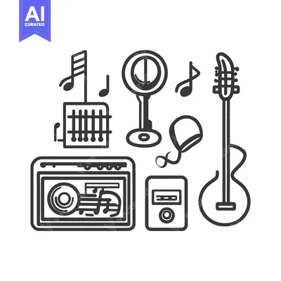 Aset premium populer: A monochrome line art illustration of musical instruments and notation