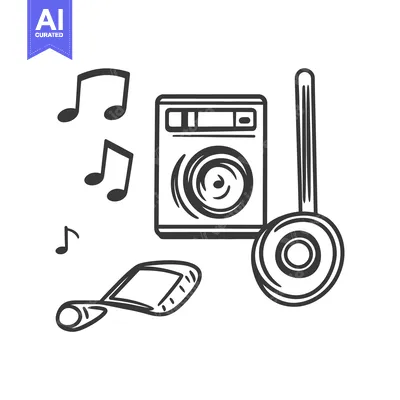 Various audio equipment and musical notes are displayed together