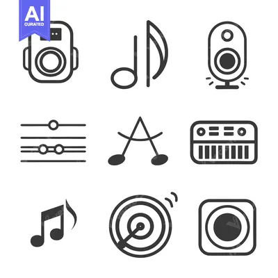 Aset desain premium: Icon set depicting various musical equipment and instruments in gray