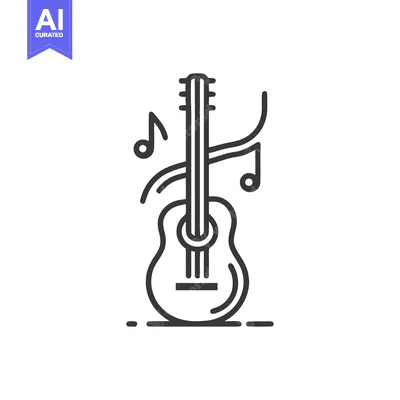 Aset premium populer: Acoustic Guitar Icon with Music Notes, Minimalist Line Art Design