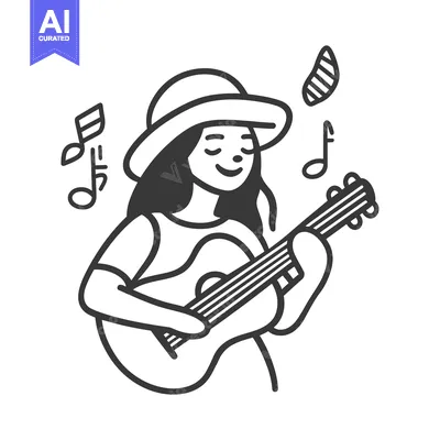 Premium design asset: A woman serenades with a guitar and joyful musical notation