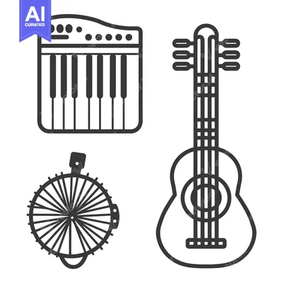 Aset desain premium: Three Musical Instruments Depicted In Simple Black And White Outlines