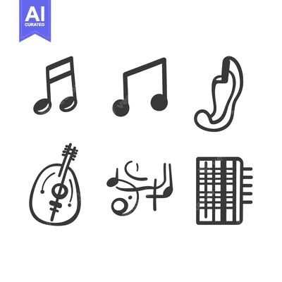 Aset desain premium: Simple line drawings represent musical notes and instruments in a set