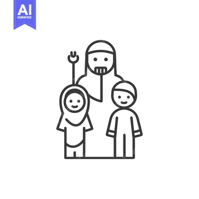 Aset desain premium: Muslim Family with Father, Daughter, and Son in Outline Style