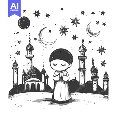 Aset desain premium: Muslim Man Praying in Front of a Mosque Under a Starry Night Sky