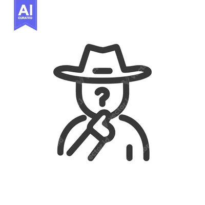 Aset desain premium: Pensive Character Icon: Question Mark Face, Fedora Hat, Thinking Pose