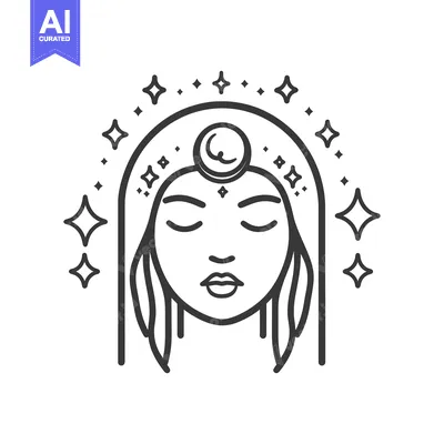 Aset desain premium: A stylized illustration of a serene face adorned with celestial elemen