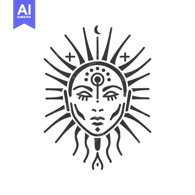 Aset desain premium: Stylized Sun Face Surrounded By Linear Sunbeams And Symbols