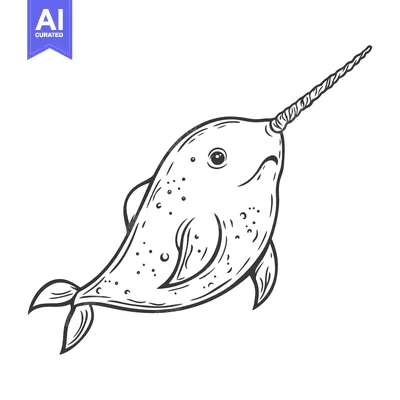 Aset premium populer: A detailed black and white illustration of a narwhal creature