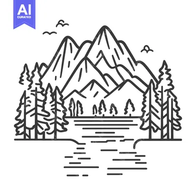 Popular premium asset: A Monochrome Illustration Of Mountains Trees Lake And Birds
