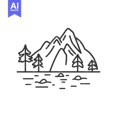 Aset desain premium: Simple black line illustration of majestic mountains and evergreen tre