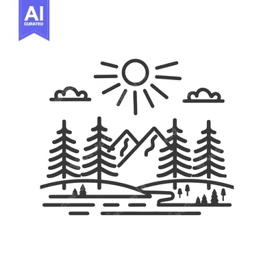 Simple line drawing depicting a serene mountain nature scene