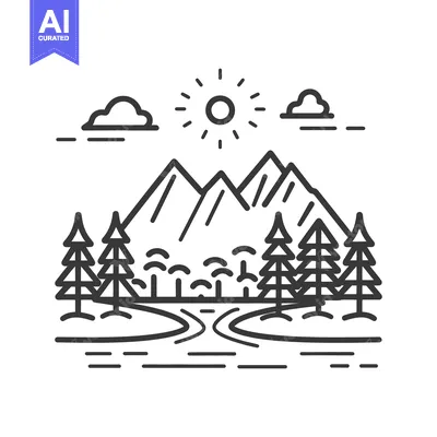Aset desain premium: A black and white line art landscape scene illustration