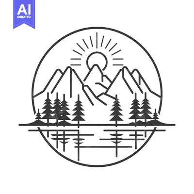 Aset desain premium: Simple circular illustration of mountain range with trees and sun
