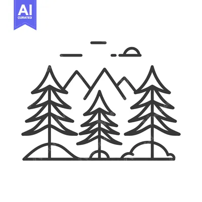 Aset desain premium: A stylized illustration depicts a forest scene with mountains and clou
