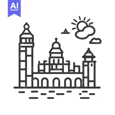 Aset desain premium: An illustrative vector graphic of a building with a cloudy sunny sky