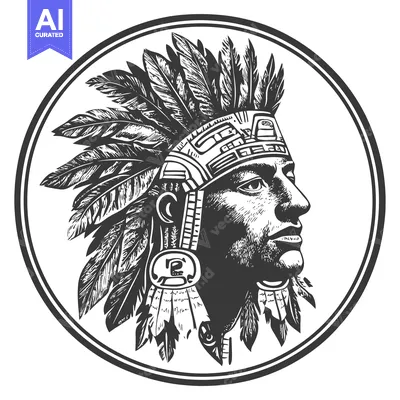 Aset desain premium: Native American Chief in Headdress, Profile View, Black and White Illu