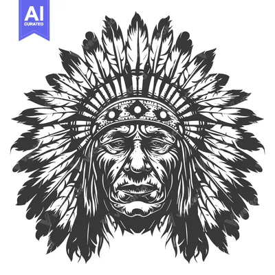 Aset desain premium: Native American Chief in Headdress with Intricate Feathers
