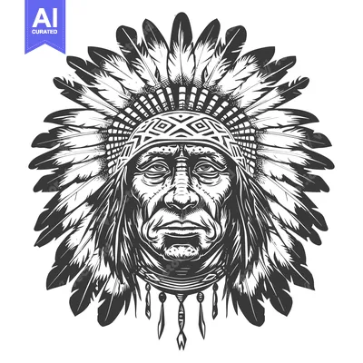 Aset desain premium: Native American Chief Portrait with Feathers Headdress