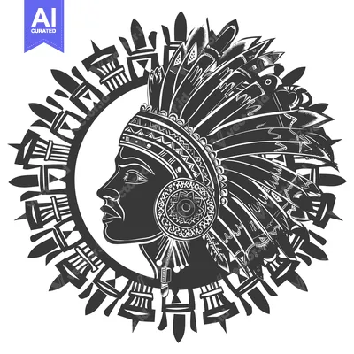 Aset premium populer: Native American Chief Profile with Headdress and Tribal Pattern