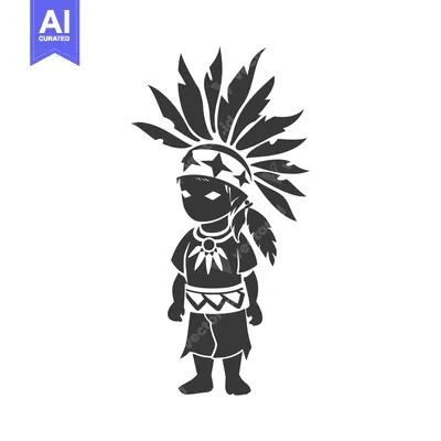 Aset desain premium: Native American Child in Traditional Headdress and Clothing