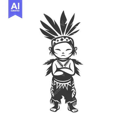 Aset premium populer: Native American Child with Headdress and Crossed Arms