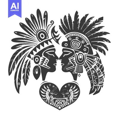 Premium design asset: Native American Couple Facing Each Other with a Heart in Between