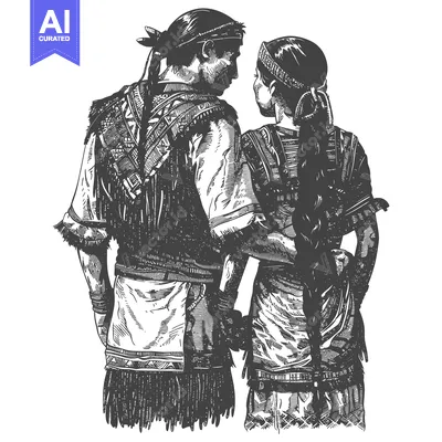 Aset desain premium: Native American Couple in Traditional Dress, Engravings Style