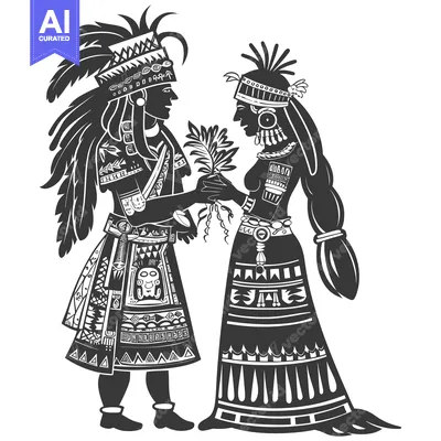 Aset desain premium: Native American Couple in Traditional Dress Holding a Plant