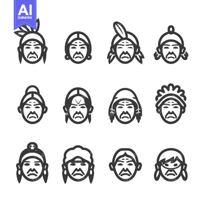 Aset desain premium: Native American Faces in Various Headdresses and Styles