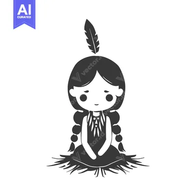 Premium design asset: Native American Girl with Feather Headdress Sitting on Fur