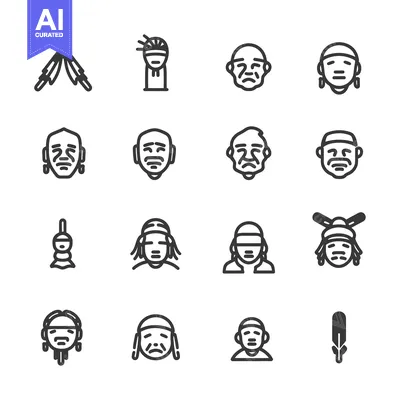 Aset desain premium: Native American Icons Set: Faces, Headdresses, and Symbols
