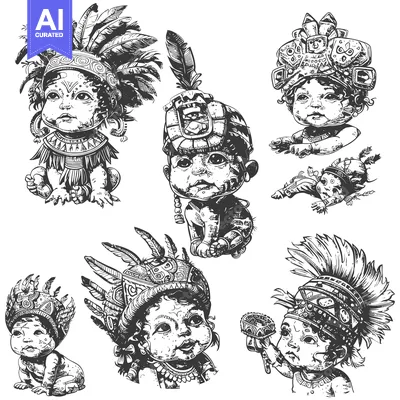 Aset desain premium: Native American Indigenous Baby Infants in Traditional Headdresses