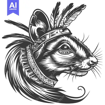 Aset desain premium: Native American Inspired  Squirrel with Feathers and Headband