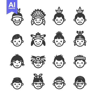Popular premium asset: Native American Male Cartoon Faces With Various Hairstyles and Headwea