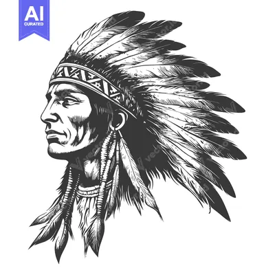 Aset desain premium: Native American Man in Profile Wearing a Headdress of Feathers