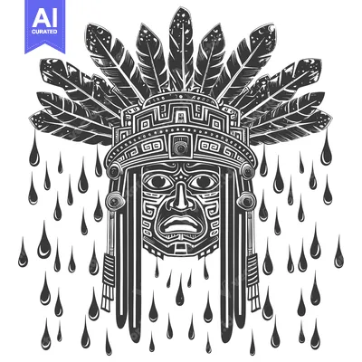 Aset desain premium: Native American Mask with Feathers and Rain