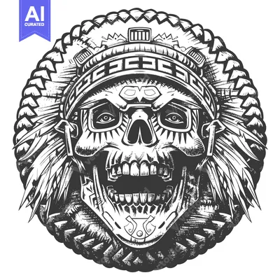 Aset premium populer: Native American Skull in Headdress with Open Mouth