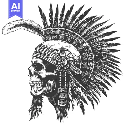 Native American Skull with Feathers Headress