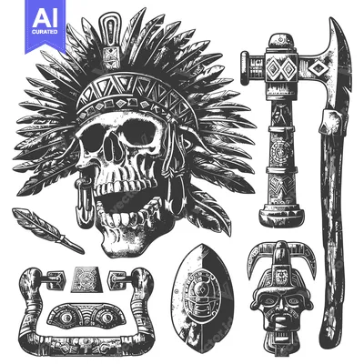 Premium design asset: Native American Skull with Headdress and Weapons
